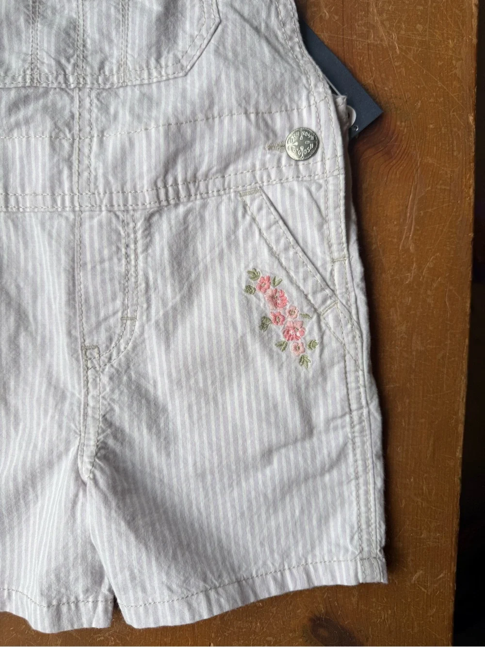 OshKosh B'gosh Light Pink Stripe Short Overalls with Floral Embroidery